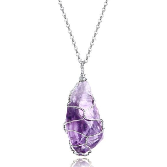 BOUTIQUELOVIN Full Wire Wrapped Amethyst Pendant Necklace Healing Chakra - Picture 1 of 7